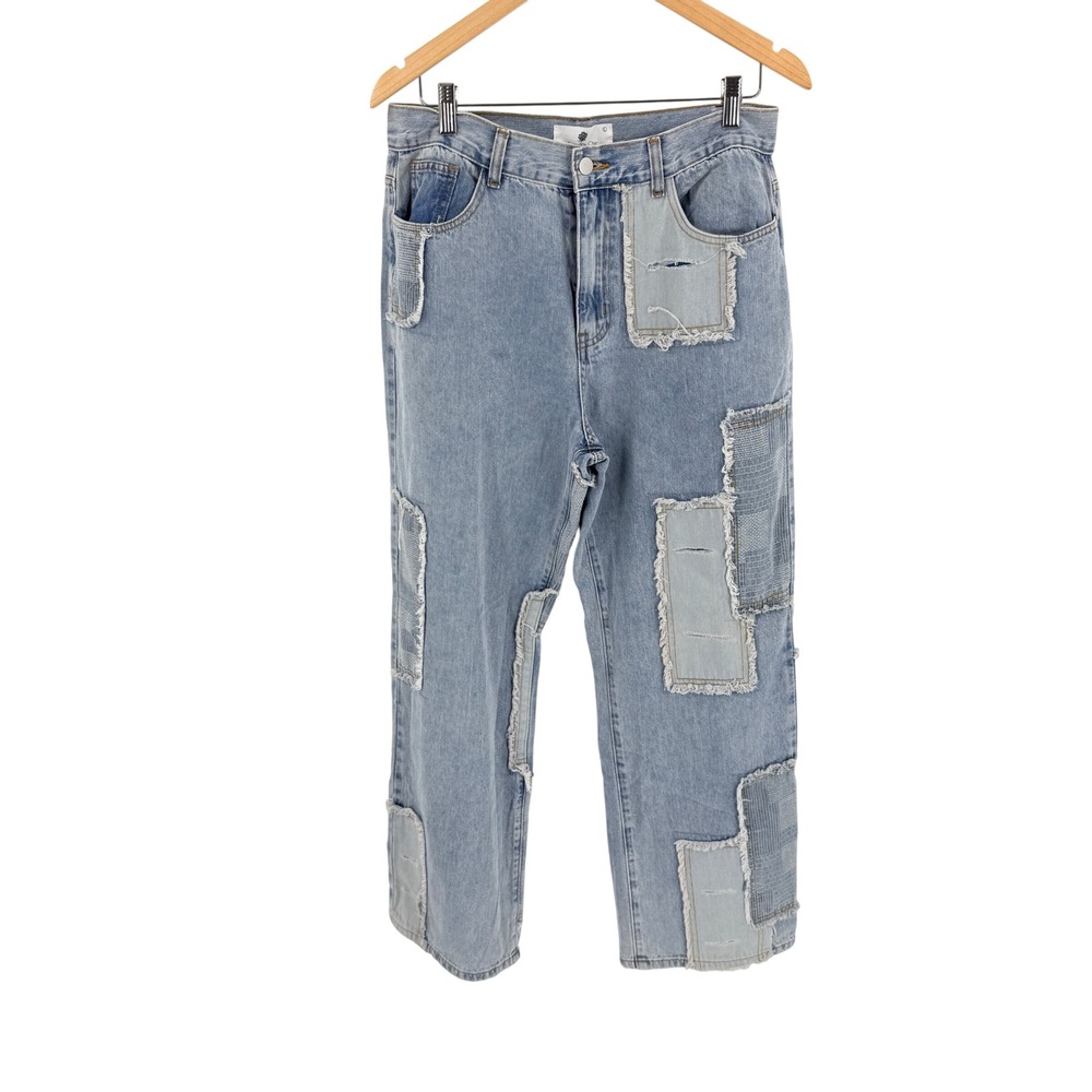 Everyday Chic Patchwork Denim Jeans Light Wash Blue Large Boho Distressed Artsy